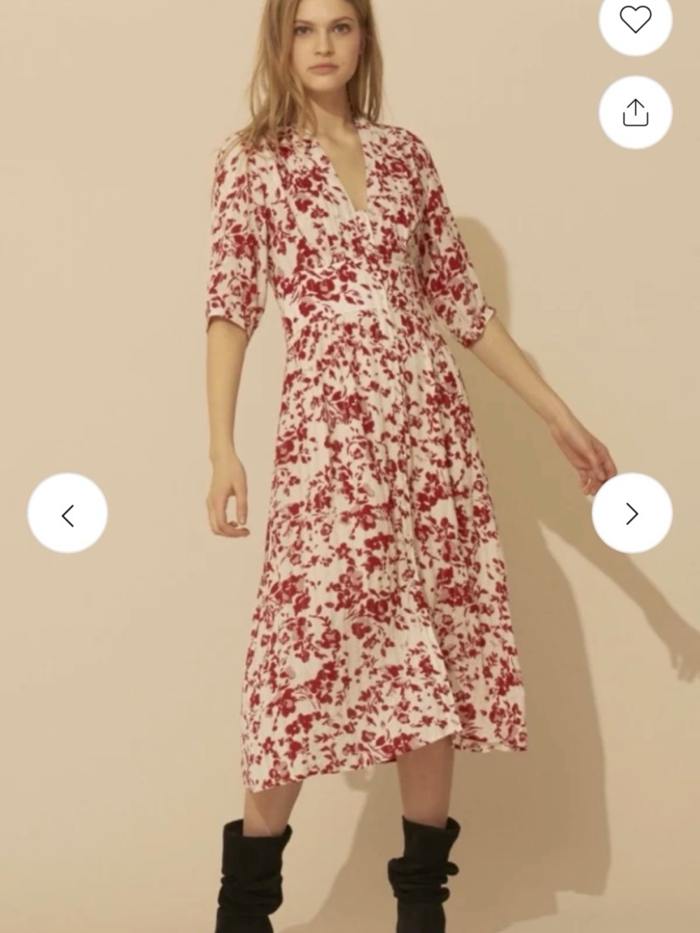 BA&SH Elfe Red Ivory Floral Midi Dress Size Large